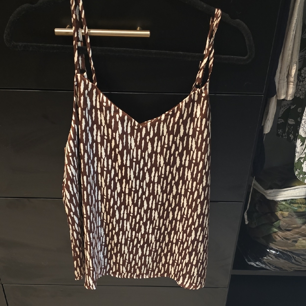 Skies Are Blue Brown and White Silk Printed Spaghetti Strap Cami